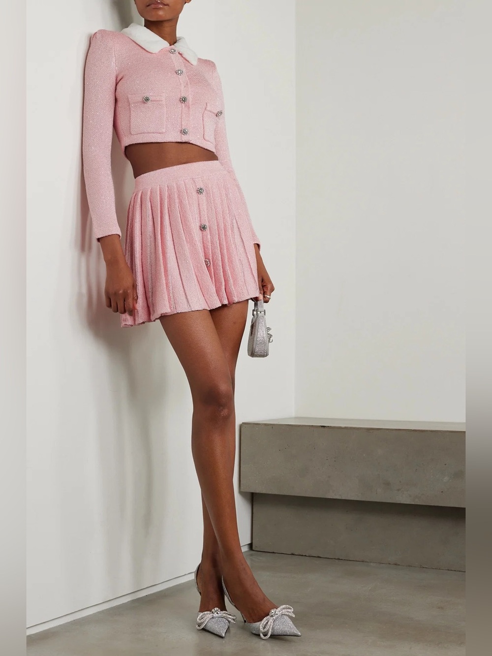 Self-Portrait Pink Set Cropped Jacket & Pleated Mini Skirt size Large